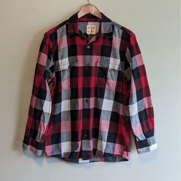 RedHead Red White Black Plaid Flannel Shirt Mens Size Medium M LS Top Button Up - Picture 1 of 6
